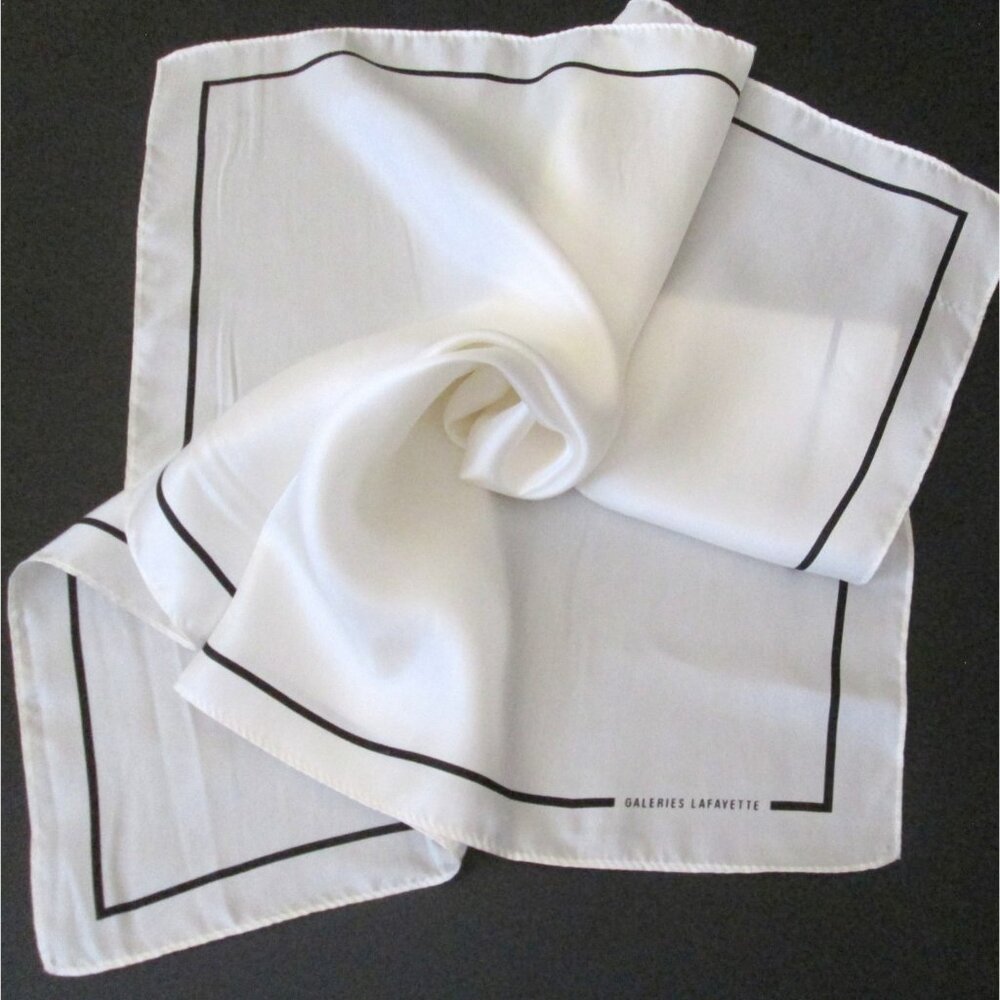 Galleries Lafayette Square Scarf White Black Stripe Border 21 x 21 Possibly Silk